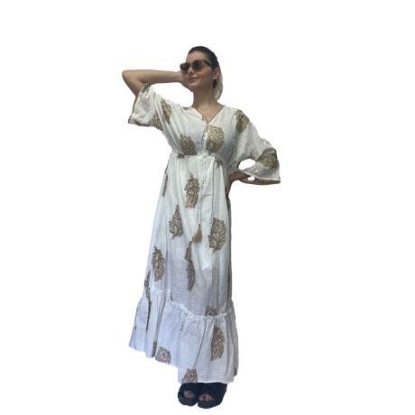 Καφτάνι Boho με Μανίκι και Λάστιχο Λευκό με Χρυσό Κέντημα
