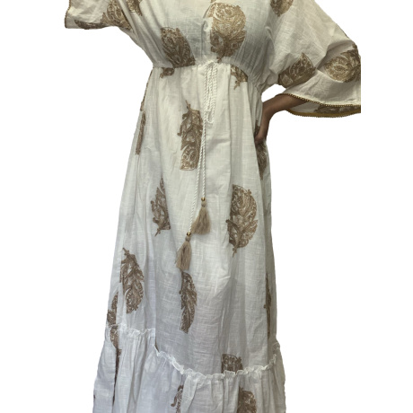 Καφτάνι Boho με Μανίκι και Λάστιχο Λευκό με Χρυσό Κέντημα